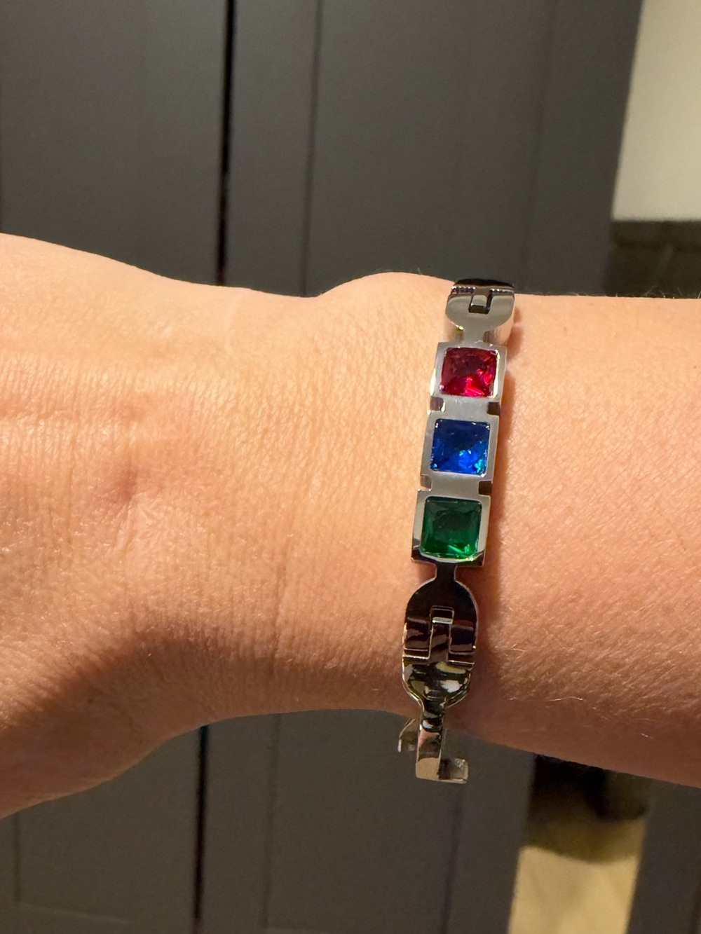 Multi-Color Crystal Link Bracelet - Silver Tone